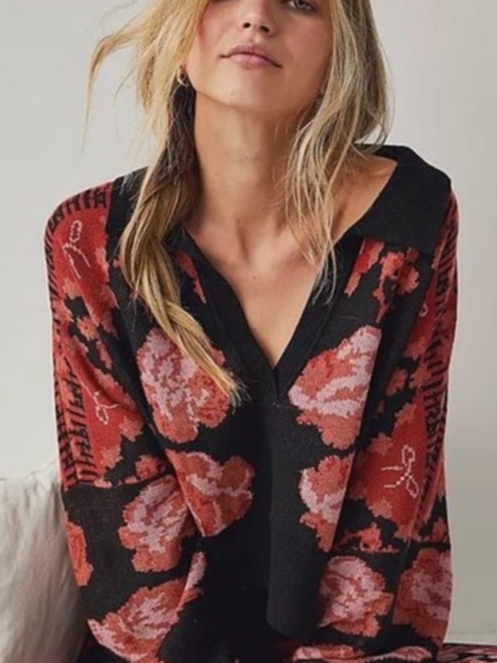 Free People Fuzzy Feelings Rare Floral Bow SweaterFloral V-Neck Sweater